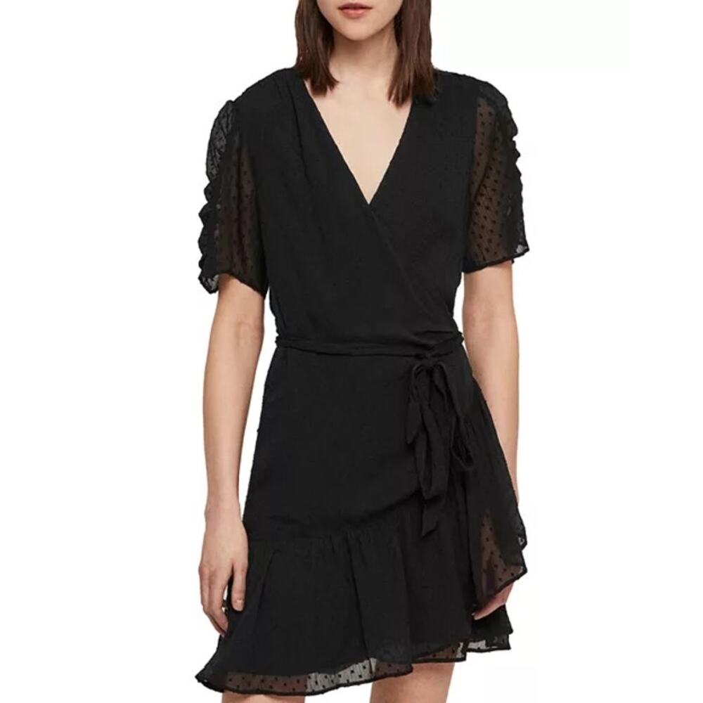 AllSaints Sienna Clip Swiss Dot Ruffle Wrap Dress Black Whimsigoth Size Small